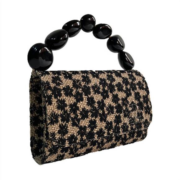 NEW SABBAI BAGS women\'s nica rattan clutch bag in tan with black flowers